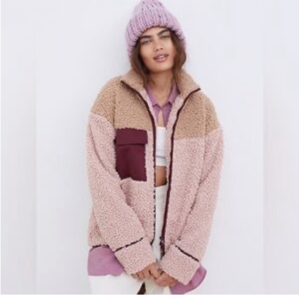 For Love & Lemons Cozy Colorblock Sherpa Jacket - Pink/Tan Size Medium